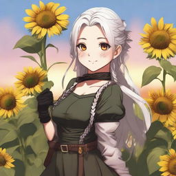 Create an image of a girl standing waist-deep in a meadow full of sunflowers at sunset