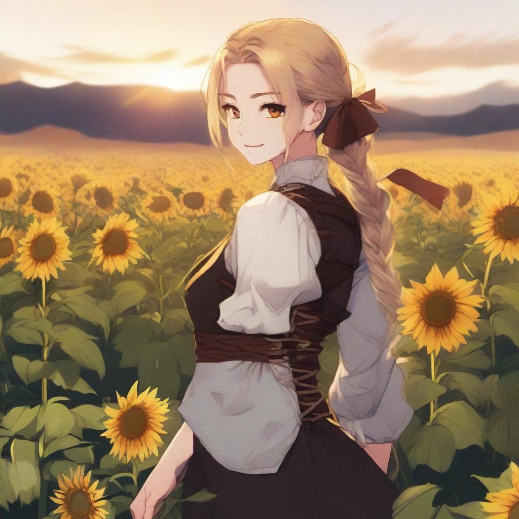 A background of a meadow with sunflowers at sunset