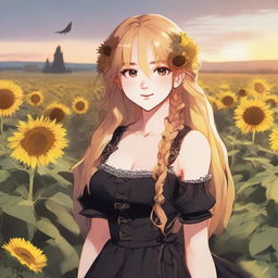 A background of a meadow with sunflowers at sunset