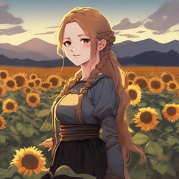 A background of a meadow with sunflowers at sunset