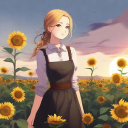 A background of a meadow with sunflowers at sunset