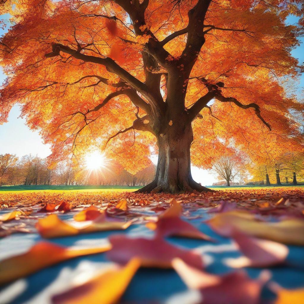 A serene image of autumn leaves gently falling from a tree, with a clear blue sky in the background