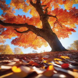 A serene image of autumn leaves gently falling from a tree, with a clear blue sky in the background