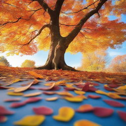 A serene image of autumn leaves gently falling from a tree, with a clear blue sky in the background