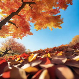 A serene image of autumn leaves gently falling from a tree, with a clear blue sky in the background