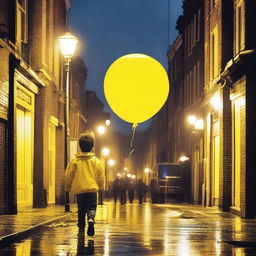 A young boy wearing a bright yellow rain jacket is walking down a sidewalk