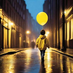 A young boy wearing a bright yellow rain jacket is walking down a sidewalk