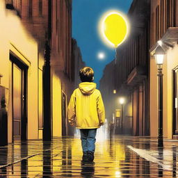 A young boy wearing a bright yellow rain jacket is walking down a sidewalk