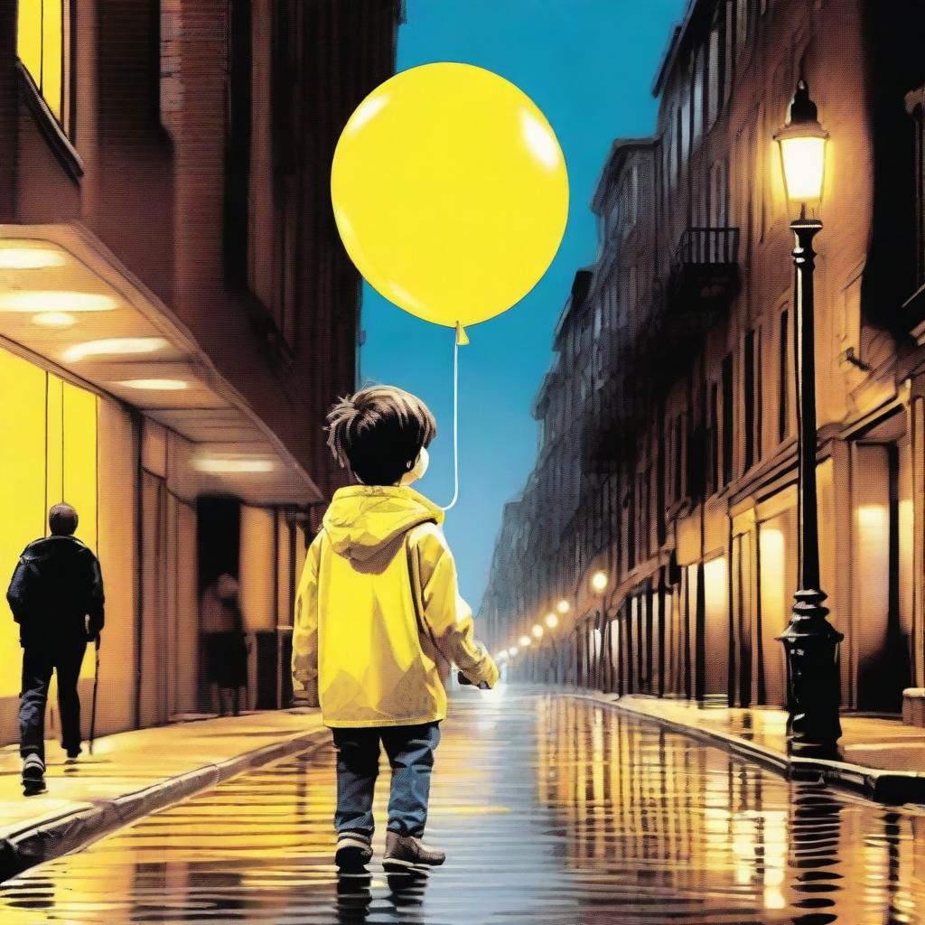 A young boy wearing a bright yellow rain jacket is walking down a sidewalk