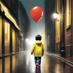 A young boy, clad in a bright yellow rain jacket, is walking down a dark sidewalk