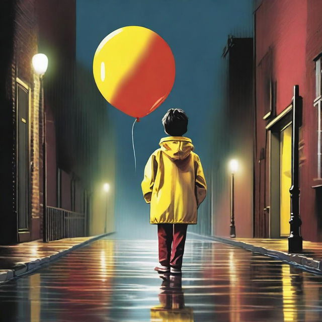 A young boy, clad in a bright yellow rain jacket, is walking down a dark sidewalk