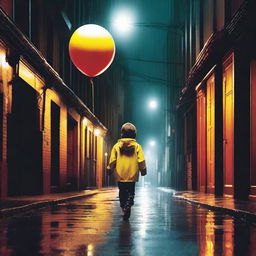 A young boy, clad in a bright yellow rain jacket, is walking down a dark sidewalk