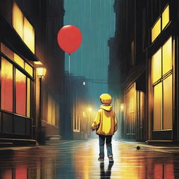 A young boy, clad in a bright yellow rain jacket, is walking down a dark sidewalk