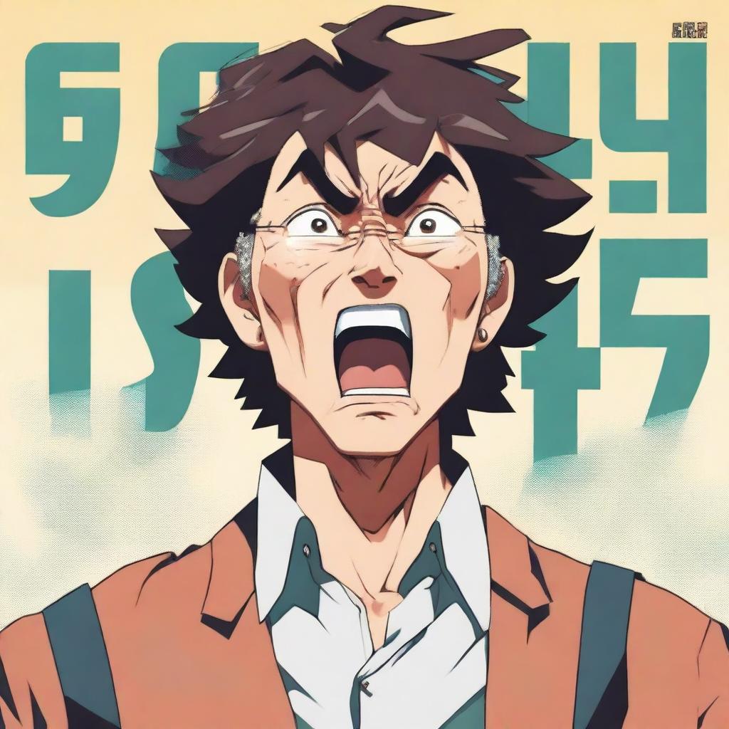 Create an anime-style movie poster featuring an egotistical Asian man with a perm, yelling