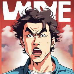 Create an anime-style movie poster featuring an egotistical Asian man with a perm, yelling