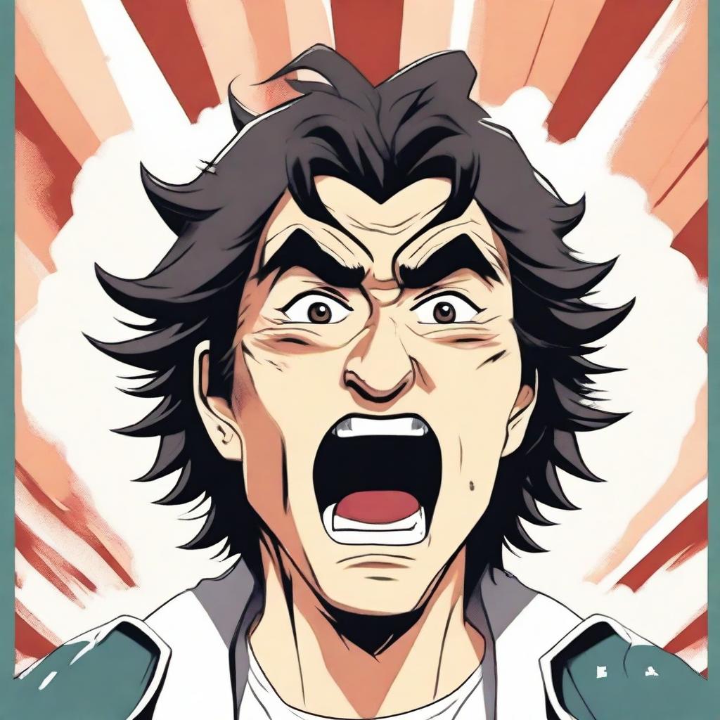 Create an anime-style movie poster featuring an egotistical Asian man with a perm, yelling