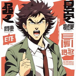 Create an anime-style movie poster featuring an egotistical Asian man with a perm, yelling