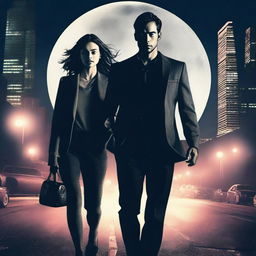 Generate an image for a movie poster featuring a dramatic scene with a male and female lead in an urban setting at night