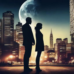 Generate an image for a movie poster featuring a dramatic scene with a male and female lead in an urban setting at night