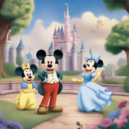 Create an image featuring classic Disney characters in a magical kingdom setting, with a castle in the background.