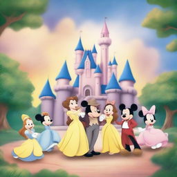 Create an image featuring classic Disney characters in a magical kingdom setting, with a castle in the background.