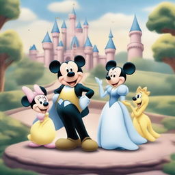 Create an image featuring classic Disney characters in a magical kingdom setting, with a castle in the background.