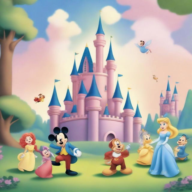 Create an image featuring classic Disney characters in a magical kingdom setting, with a castle in the background.