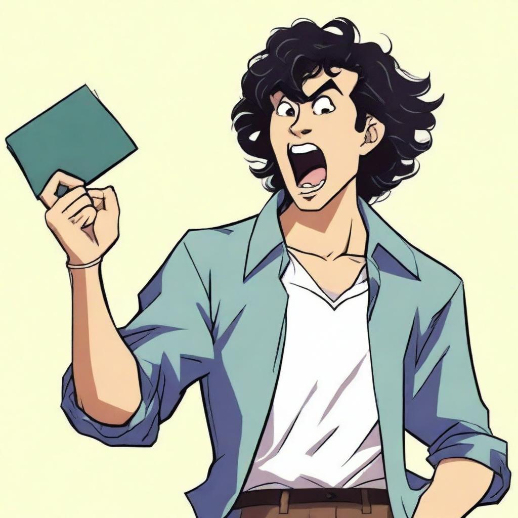 Revise the previous image of the egotistical Asian man with a perm, who is a student, yelling