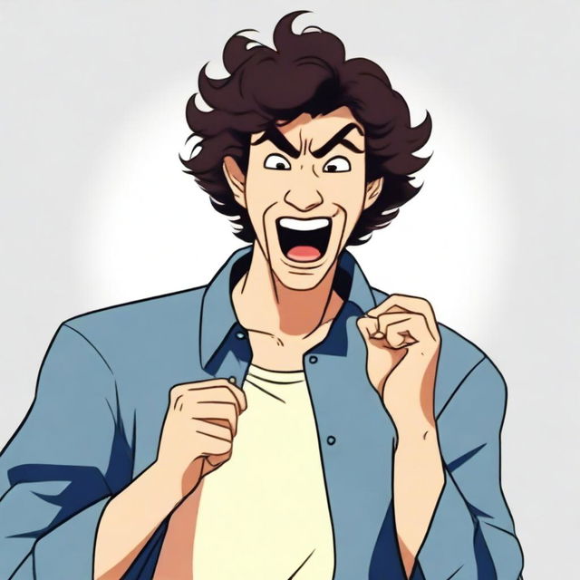 Revise the previous image of the egotistical Asian man with a perm, who is a student, yelling