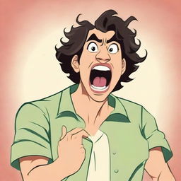 Revise the previous image of the egotistical Asian man with a perm, who is a student, yelling