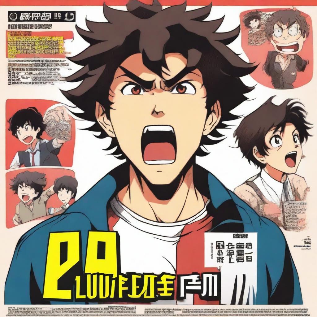 Revise the previous anime-style movie poster of the egotistical Asian man with a perm, who is a student, yelling