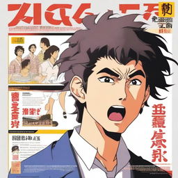 Revise the previous anime-style movie poster of the egotistical Asian man with a perm, who is a student, yelling