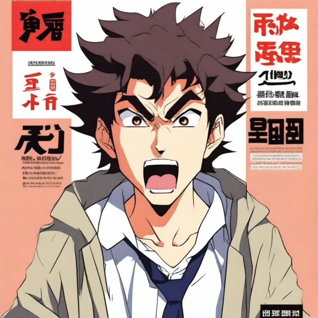 Revise the previous anime-style movie poster of the egotistical Asian man with a perm, who is a student, yelling