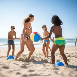 A group of teenagers having fun at the beach, playing with a beach ball, building sandcastles, and enjoying the sun