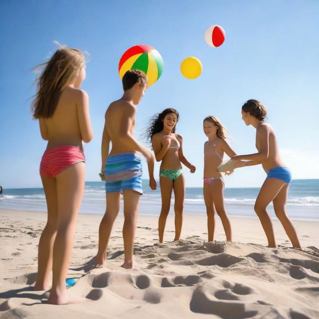 A group of teenagers having fun at the beach, playing with a beach ball, building sandcastles, and enjoying the sun
