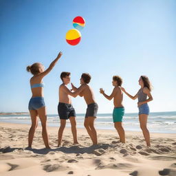 A group of teenagers having fun at the beach, playing with a beach ball, building sandcastles, and enjoying the sun