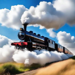 A fantastical scene of a classic steam train, breaking the bounds of reality as it soars through the sky like an airplane