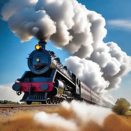 A fantastical scene of a classic steam train, breaking the bounds of reality as it soars through the sky like an airplane