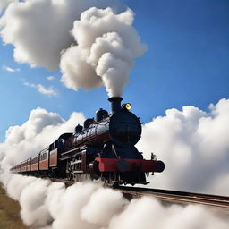 A fantastical scene of a classic steam train, breaking the bounds of reality as it soars through the sky like an airplane