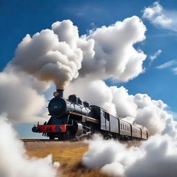 A fantastical scene of a classic steam train, breaking the bounds of reality as it soars through the sky like an airplane