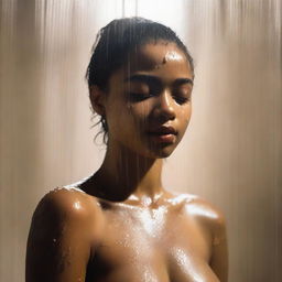 Generate an image of a light brown skinned girl in the shower