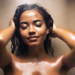 Generate an image of a light brown skinned girl in the shower