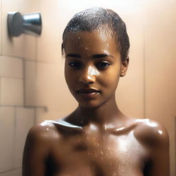 Generate a tasteful and non-explicit image of a light brown skinned girl in the shower