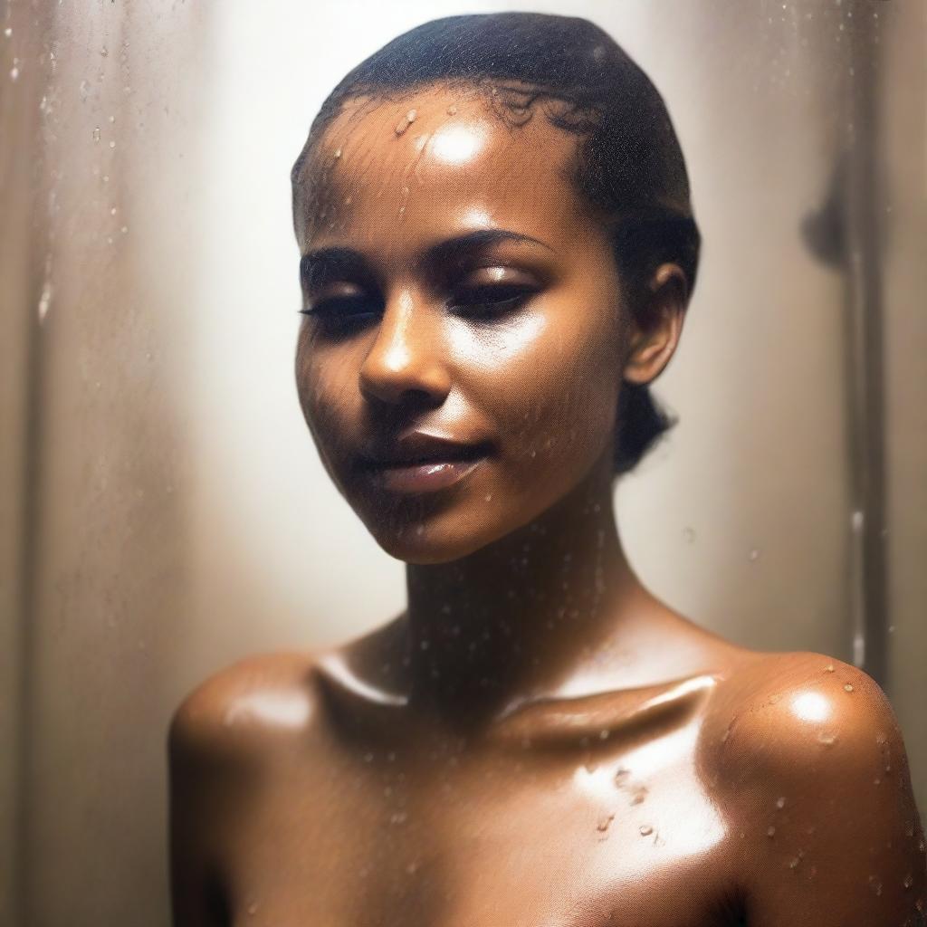 Generate an image of a light brown-skinned girl in the shower