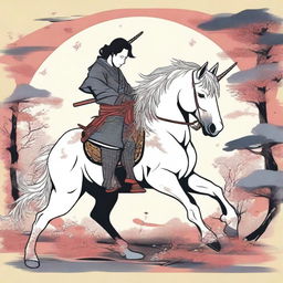 Generate a high-quality image of a unicorn, depicted in a dramatic scene where it is about to cut off a samurai's head