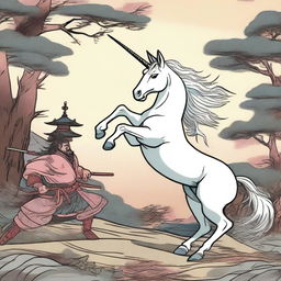 Generate a high-quality image of a unicorn, depicted in a dramatic scene where it is about to cut off a samurai's head