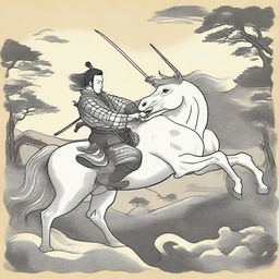 Generate a high-quality image of a unicorn, depicted in a dramatic scene where it is about to cut off a samurai's head