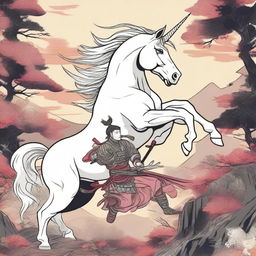 Generate a high-quality image of a unicorn, depicted in a dramatic scene where it is about to cut off a samurai's head