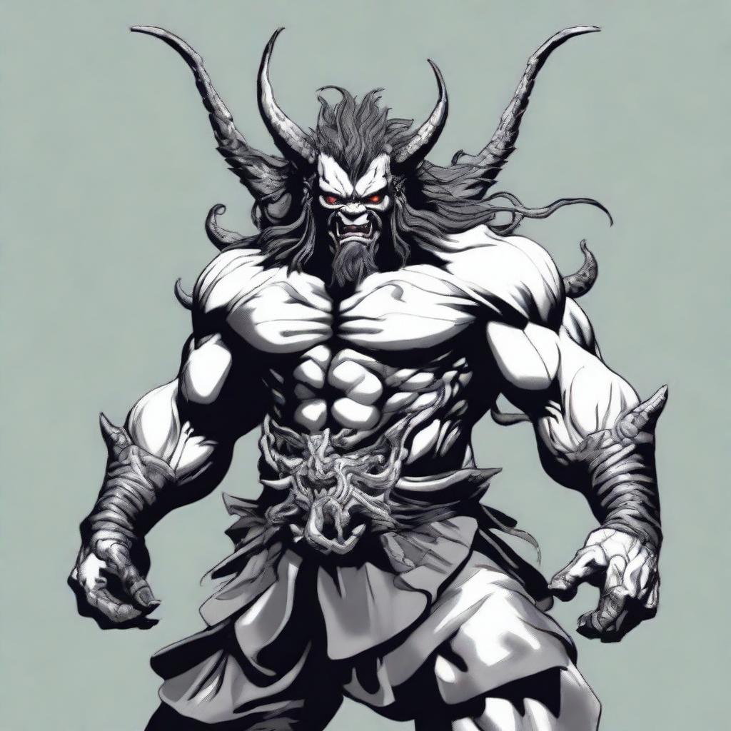 Generate a high quality image of an Oni, a mythological demon from Japanese folklore, known for its menacing appearance with sharp claws, wild hair, and two long horns growing from its head