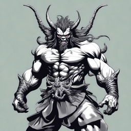 Generate a high quality image of an Oni, a mythological demon from Japanese folklore, known for its menacing appearance with sharp claws, wild hair, and two long horns growing from its head